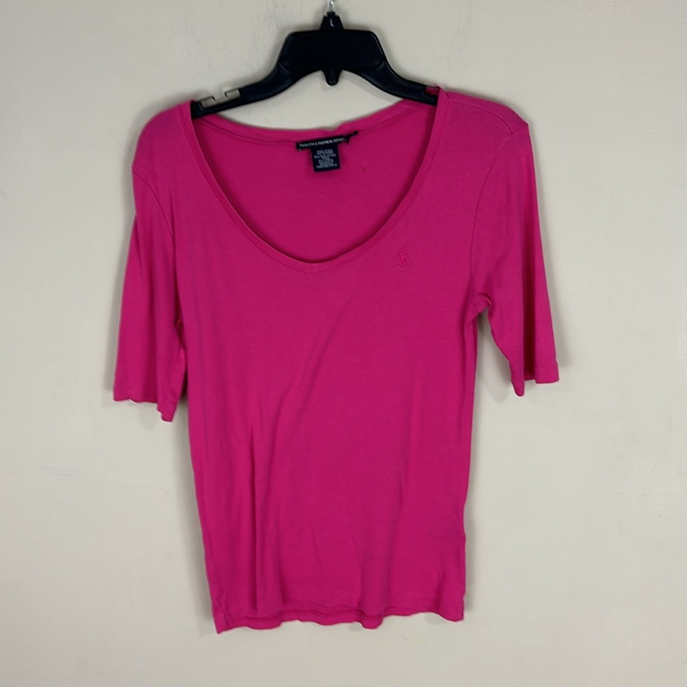 Ralph Lauren Sport Barbie Pink Curved V Neck Tee T-Shirt Size Large